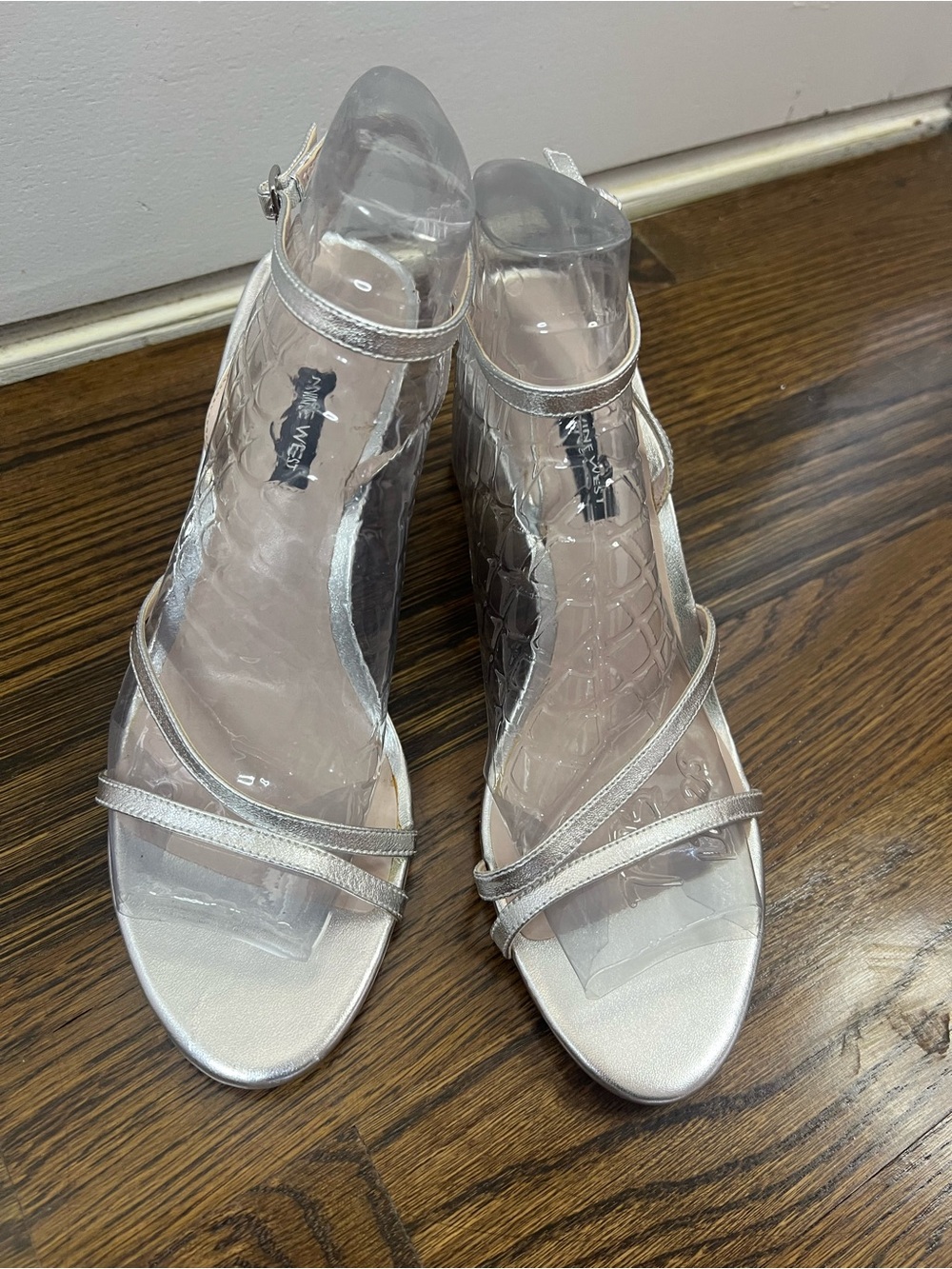 Nine West Silver Strappy Ankle-Heel Sandals